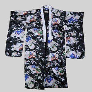 Vintage 80s Bo Er Xiu Pin Black and White Satin Geisha Print Kimono Robe